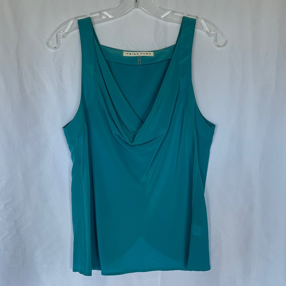 Trina Turk Teal Sleeveless Silk Drape Top